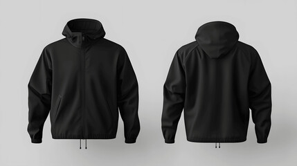 Black windbreaker mockup, front and back view, isolated