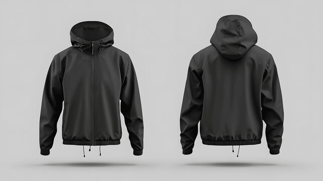 Black windbreaker mockup, front and back view, isolated