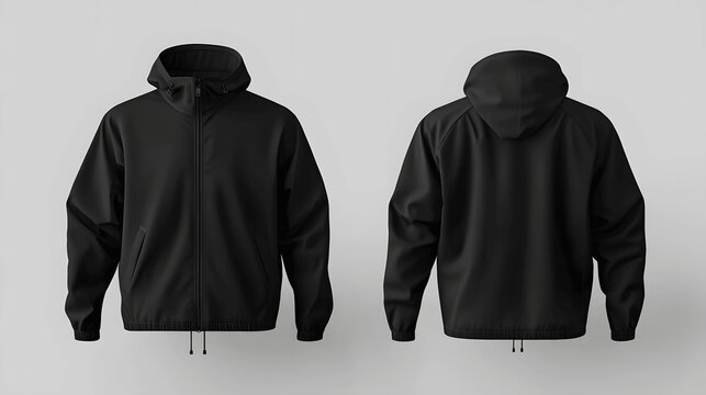 Black windbreaker mockup, front and back view, isolated