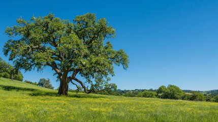 Majestic oak tree in a lush green field under a clear blue sky