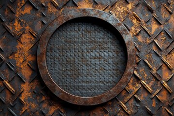 Fototapeta premium A textured metal surface with a circular frame, featuring rust and a diamond pattern, ideal for industrial designs.