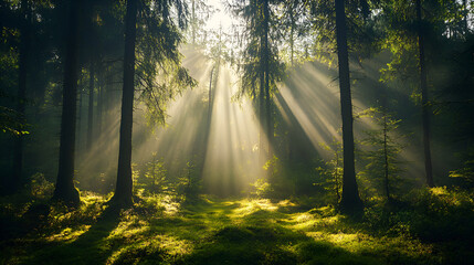 Amazing scenic landscape at early morning in forest. Dazzling bright sunlight through tree branches silhouettes. Rich fall foliage glitter in sunbeams. Wonderful sunrise. Lovely sunset scenery.