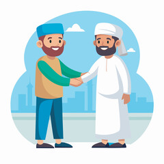 Muslim men greeting each other with handshake Vector illustration in cartoon style.eps