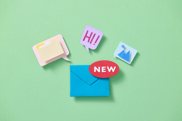 New mail with an envelope with bubbles of message, photo, icons...