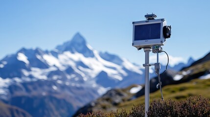 Solar Panel in Snowy Mountain Landscape
