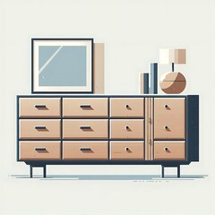 A flat illustration vector image of a modern dresser with multiple drawers, sleek handles, and a rectangular shape, placed on a solid white background.
