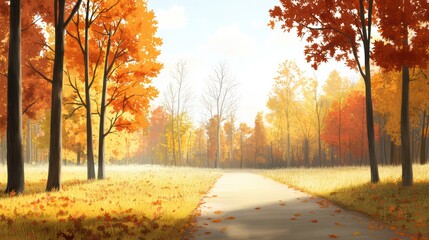Fototapeta premium Serene Autumn Landscape with Vibrant Foliage and Sunlit Pathway in a Tranquil Forest