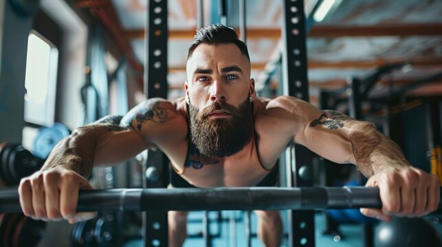 Man doing tricep dips on parallel bars in a gym