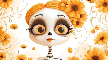 Fototapeta premium A Background Design featuring La Catrina surrounded by swirling marigold petals, set against a soft gradient background 