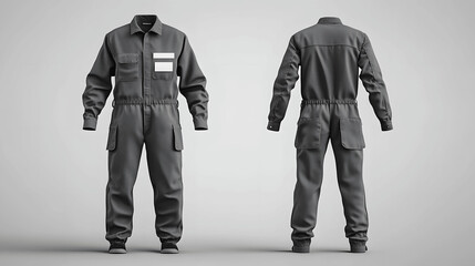 Grey janitor uniform mockup with coveralls and name badge on simple background