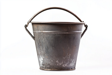 Rustic metal bucket isolated on white background, Close up shot metal corrosion bucket with handle, Old water bucket with handle.