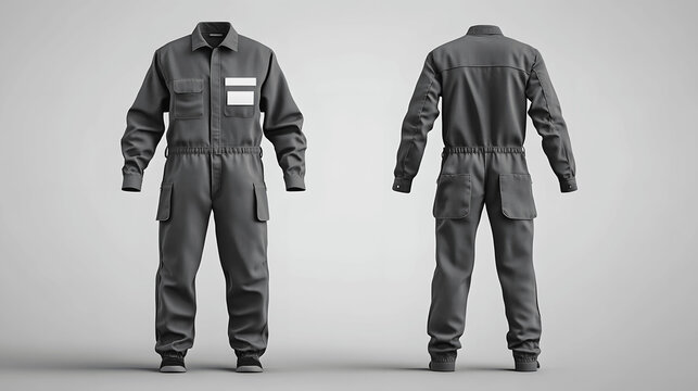 Grey janitor uniform mockup with coveralls and name badge on simple background