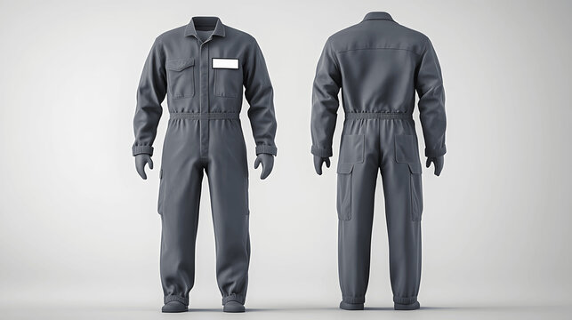 Grey janitor uniform mockup with coveralls and name badge on simple background