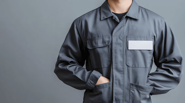 Grey janitor uniform mockup with coveralls and name badge on simple background