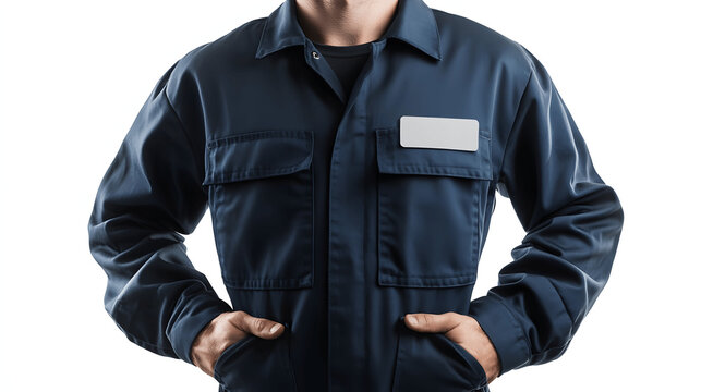 Navy blue mechanic uniform mockup with jumpsuit and name badge