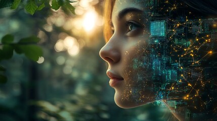 Woman with Digital Interface Overlay in Nature
