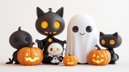 Fototapeta premium Adorable Halloween Scene with Cute Ghosts and Black Cats