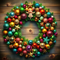 Vibrant Christmas wreath decorated with colorful ornaments and a little angel on a wooden background