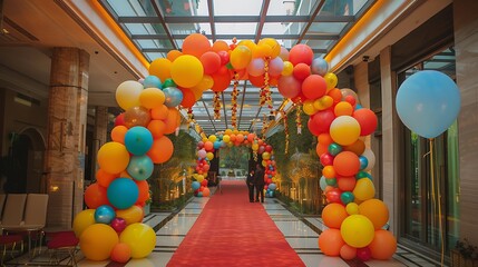 The joyful mood is further enhanced with a vibrant balloon arch that decorates the event entry