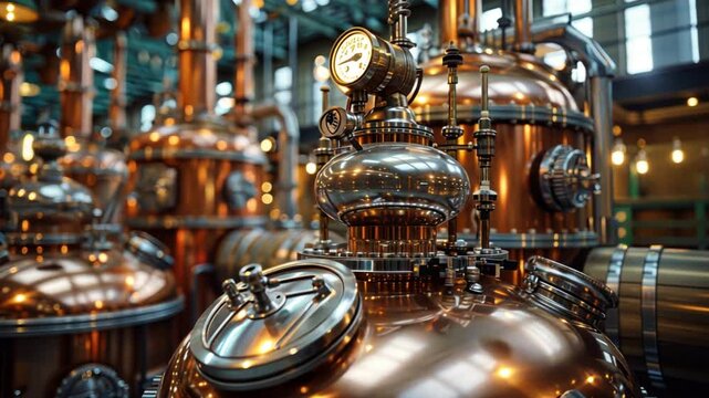 detailed closeup shot of a distillery with stainless steel distilling machines,