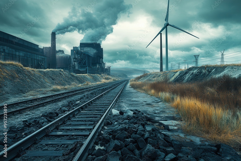 Aufkleber wind turbines rise beside abandoned factories, showcasing the transition from coal mining to sustain