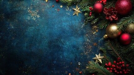 A festive Christmas scene with ornaments, stars, and greenery on a textured blue background, ideal for holiday-themed designs.