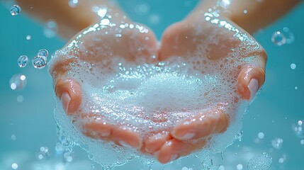 Fototapeta premium Pink water droplets cascade down a woman's hand, capturing a moment of tranquility