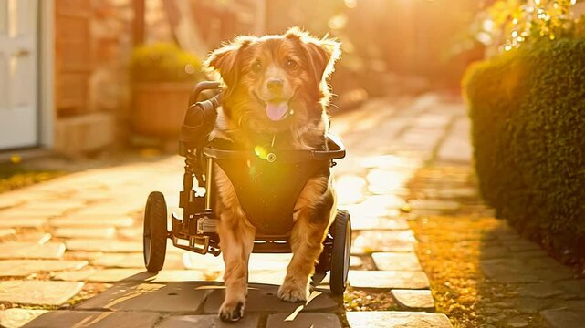 A cheerful dog enjoys the beautiful outdoors, exploring a garden pathway while using a special wheelchair designed for mobility assistance during the golden autumn season.