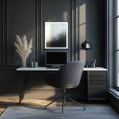 Black frame, sleek workspace with clean desk surface, illustration