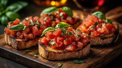 Bruschetta with fresh tomatoes, basil, and olive oil, served on a rustic wooden board, with a blurred wine glass softly glowing in the background, creating a warm, inviting dining experience.
