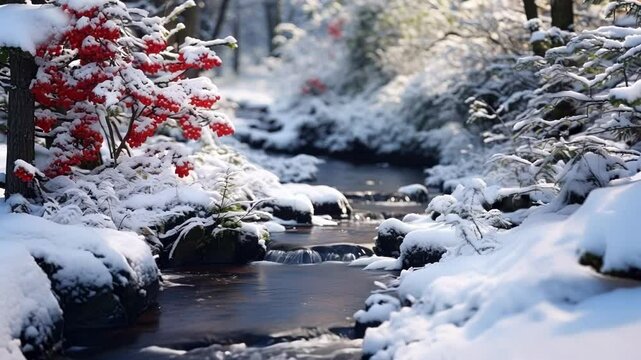 Snowy winter landscape with stream flowing through forest, snow covered trees and red berries, sunlight creating magical atmosphere for christmas themes