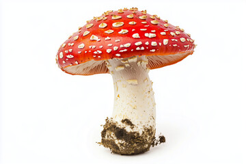 Obraz premium Red mushroom isolated on white background, Close up shot poisonous red mushroom, Red mushroom with rough mushroom cap.