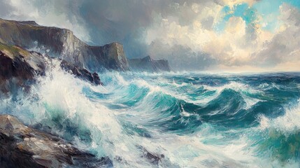 Oil painting depicting a wild sea coastline with rugged features and dynamic waves