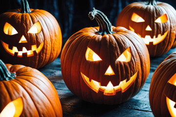 Fototapeta premium Terrifying Close-Up: Halloween Pumpkins with Sinister Smiles. generative AI