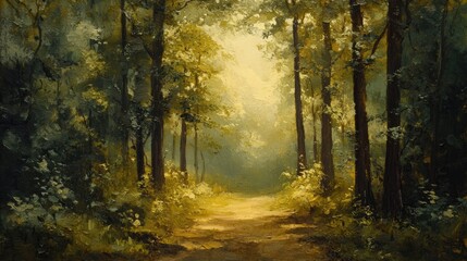 Fototapeta premium Oil painting depicting a forested area with towering trees and a serene atmosphere