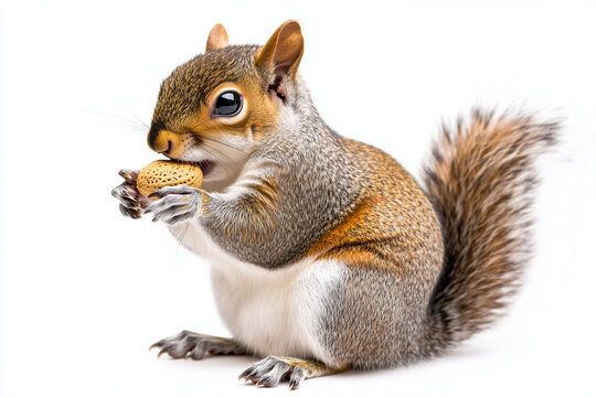 Little cute squirrel with nut on hand isolated on white background, Close up shot chipmunk eating pine cone.
