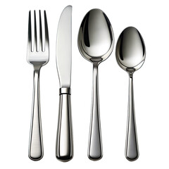 A set of stainless steel cutlery with two forks, a knife, and two spoons on a white background. The elegant, polished utensils are lined up to display their fine craftsmanship