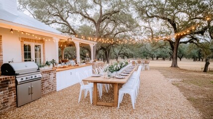 An inviting outdoor kitchen features brick walls and a barbecue grill, surrounded by a dining table and string lights, all nestled in lush greenery under the evening sky