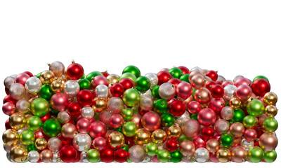 Christmas balls in red, green and gold colors on a transparent background. Composition of Christmas ornaments. 3D render. Holiday decoration.