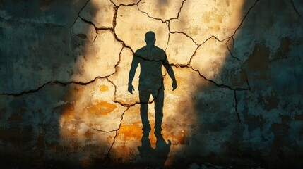 A silhouette emerges from a cracked wall, symbolizing strength and perseverance in twilight
