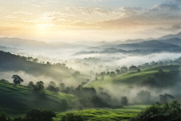Obraz premium Misty Mountain Morning: foggy morning landscape in the mountains. generative AI