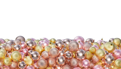 Christmas balls in pink and gold colors on a transparent background. Composition of Christmas ornaments. 3D render. Holiday decoration.