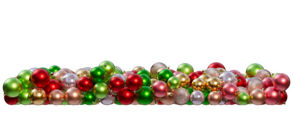 Christmas balls in red, green and gold colors on a transparent background. Composition of Christmas ornaments. 3D render. Holiday decoration.