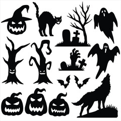 Naklejka premium Halloween silhouette. Halloween silhouette collection. Halloween pumpkin, graveyard, bat, witch, ghost, zombie, tomb