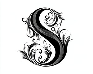 Fototapeta premium Swirling Black S on White Background A Detailed Ornate Letterform in Minimal Composition Tribal