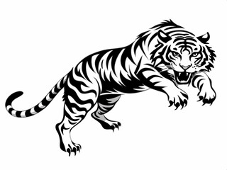 Obraz premium Powerful and fierce black and white illustration of a roaring tiger in motion