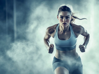 Fototapeta premium Biegnąca piękna młoda wysportowana kobieta w sportowym stroju. Dookoła niej kłęby dymu, pary.