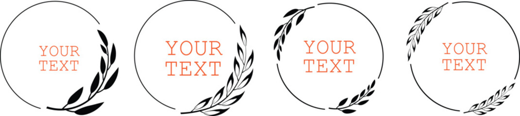 Floral circle frame. Hand drawn elegant botanical round borders, wreaths with branches, leaves in line art and silhouettes.