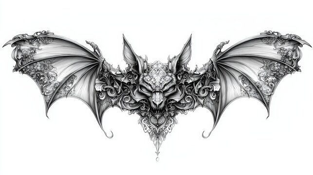 Gothic Bat Intricate Wings Ornate Design Black White Illustration Creature of the Night Tribal