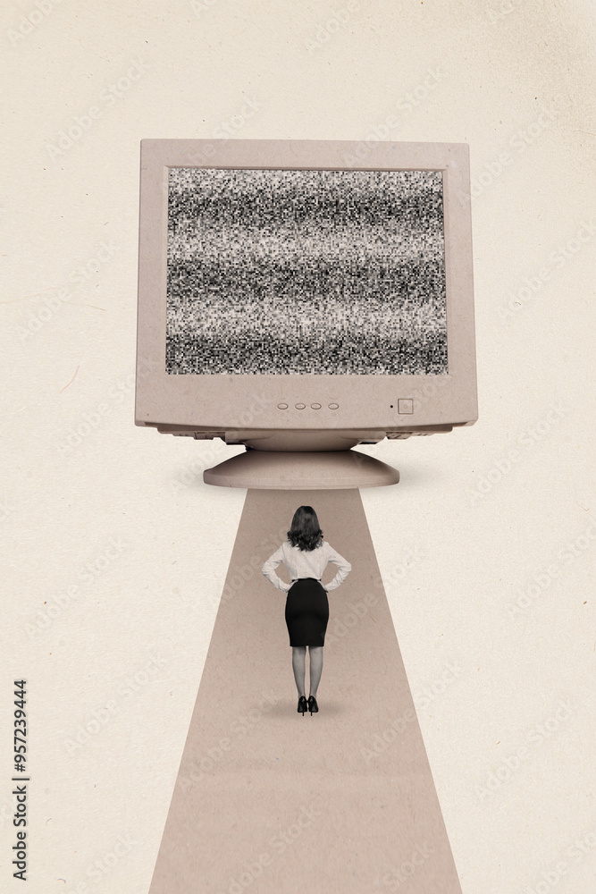 Poster creative trend collage of little female computer monitor white noise internet connection working wei